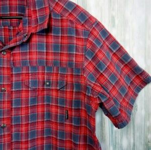 Columbia red plaid short sleeve snap button down